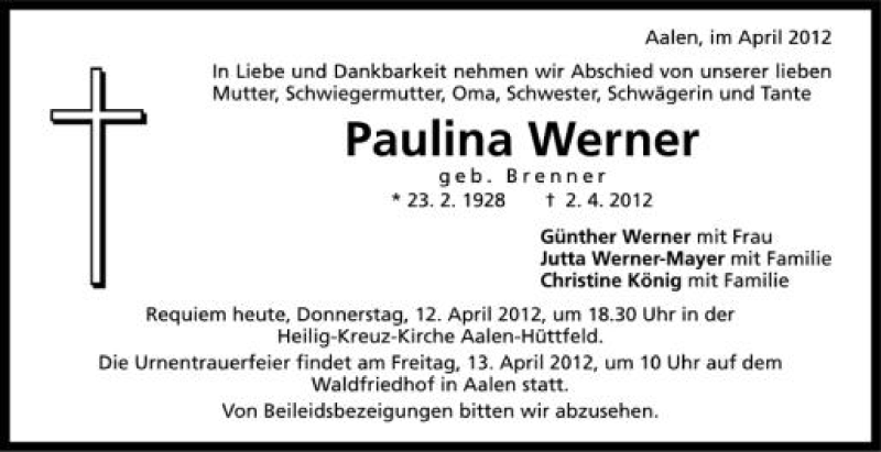  Traueranzeige für Paulina Werner vom 12.04.2012 aus Schwäbische Zeitung