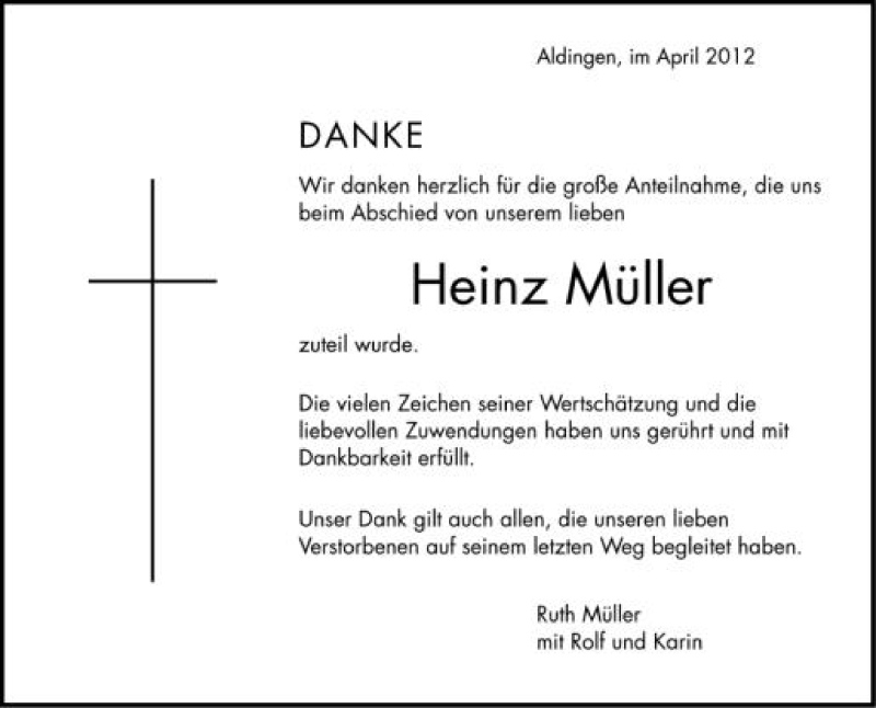  Traueranzeige für Heinz Müller vom 21.04.2012 aus Schwäbische Zeitung