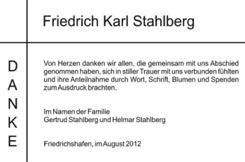 Anzeige von Friedrich Karl Stahlberg von Schwäbische Zeitung