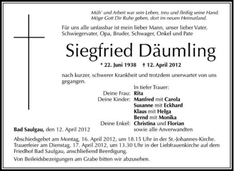  Traueranzeige für Siegfried Däumling vom 14.04.2012 aus Schwäbische Zeitung