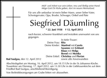 Anzeige von Siegfried Däumling von Schwäbische Zeitung
