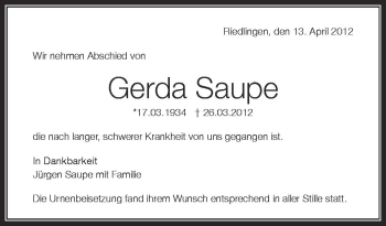 Anzeige von Gerda Saupe von Schwäbische Zeitung