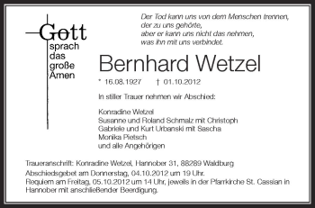 Anzeige von Bernhard Wetzel von Schwäbische Zeitung