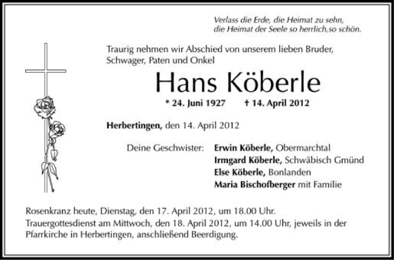  Traueranzeige für Hans Köberle vom 17.04.2012 aus Schwäbische Zeitung