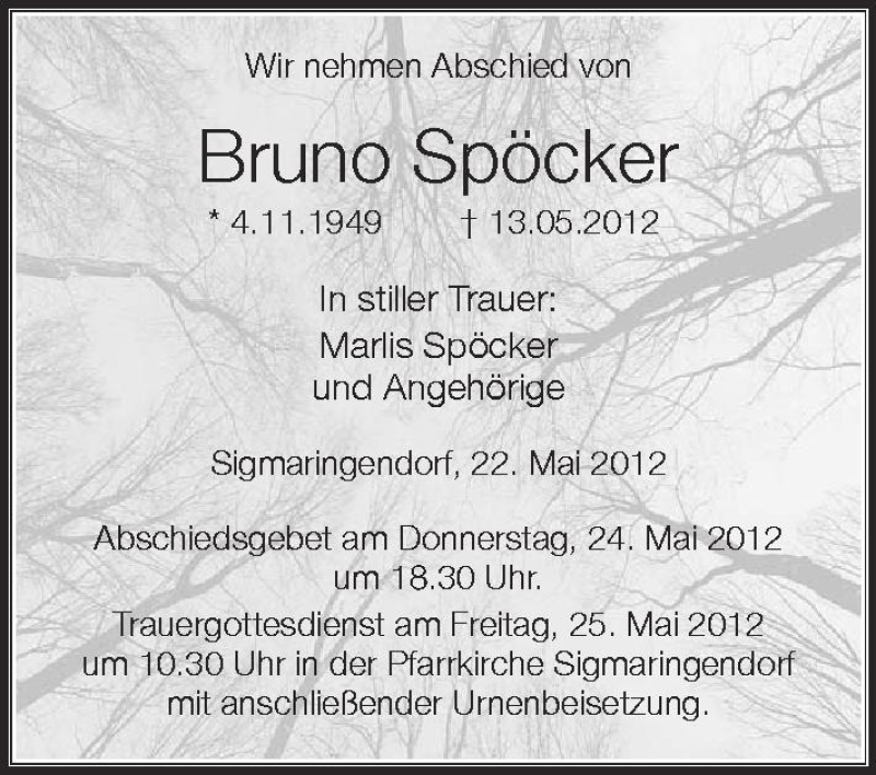  Traueranzeige für Bruno Spöcker vom 22.05.2012 aus Schwäbische Zeitung