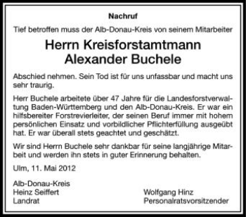 Anzeige von Alexander Buchele von Schwäbische Zeitung