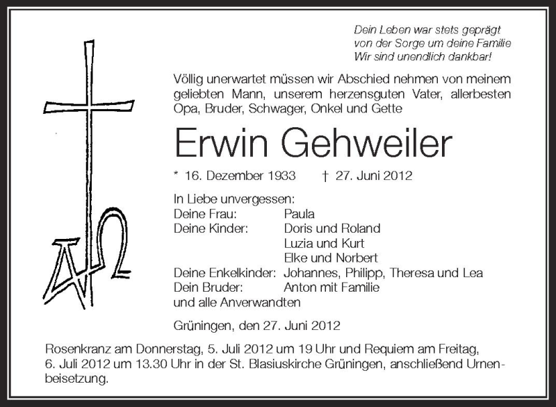  Traueranzeige für Erwin Gehweiler vom 03.07.2012 aus Schwäbische Zeitung