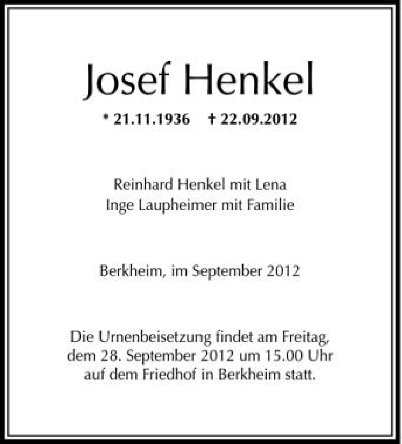  Traueranzeige für Josef Henkel vom 27.09.2012 aus Schwäbische Zeitung