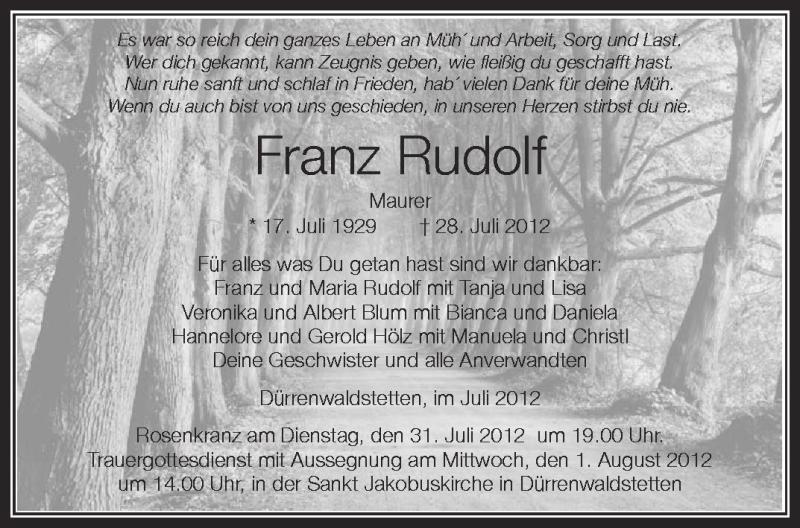  Traueranzeige für Franz Rudolf vom 31.07.2012 aus Schwäbische Zeitung