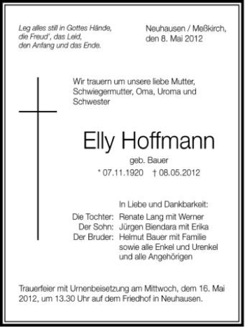 Anzeige von Elly Hoffmann von Schwäbische Zeitung