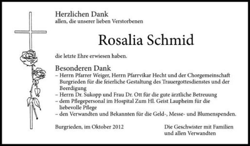  Traueranzeige für Rosalia Schmid vom 20.10.2012 aus Schwäbische Zeitung