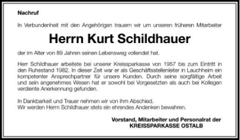 Anzeige von Kurt Schildhauer von Schwäbische Zeitung