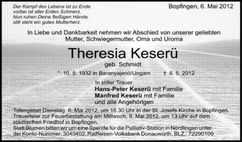  Traueranzeige für Theresia Keserü vom 07.05.2012 aus Schwäbische Zeitung