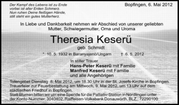 Anzeige von Theresia Keserü von Schwäbische Zeitung