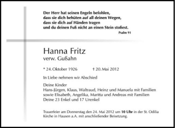 Anzeige von Hanna Fritz von Schwäbische Zeitung