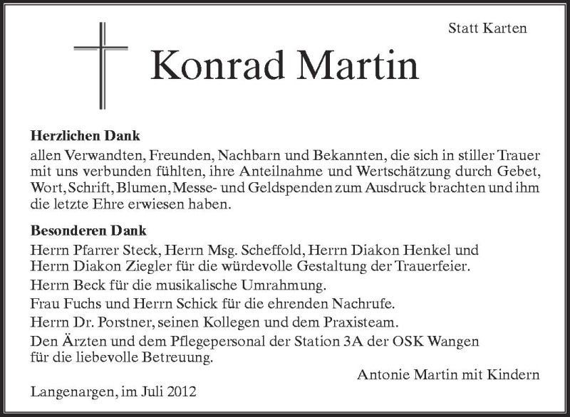  Traueranzeige für Konrad Martin vom 17.07.2012 aus Schwäbische Zeitung