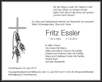 Anzeige von Fritz Essler von Schwäbische Zeitung