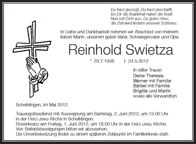  Traueranzeige für Reinhold Swietza vom 31.05.2012 aus Schwäbische Zeitung