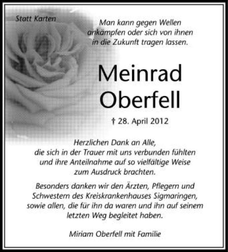  Traueranzeige für Meinrad Oberfell vom 18.05.2012 aus Schwäbische Zeitung