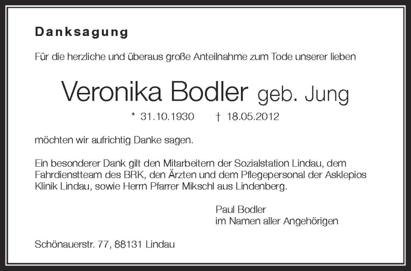  Traueranzeige für Veronika Bodler vom 01.06.2012 aus Schwäbische Zeitung