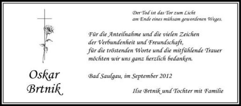  Traueranzeige für Oskar Brtnik vom 19.09.2012 aus Schwäbische Zeitung