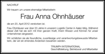 Anzeige von Anna Ohnhäuser von Schwäbische Zeitung