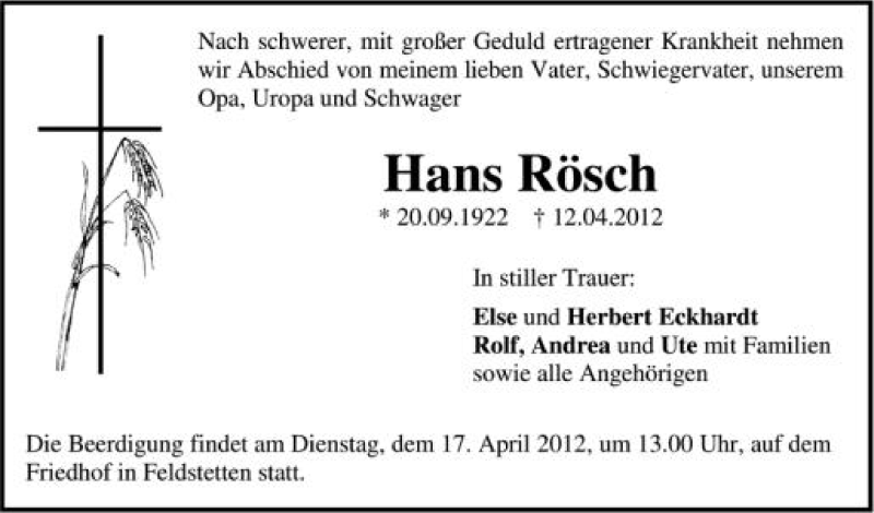  Traueranzeige für Hans Rösch vom 14.04.2012 aus Schwäbische Zeitung