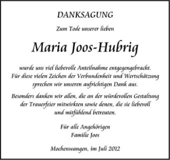 Anzeige von Maria Joos-Hubrig von Schwäbische Zeitung