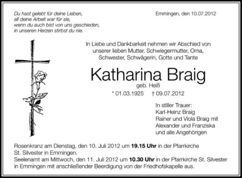  Traueranzeige für Katharina Braig vom 10.07.2012 aus Schwäbische Zeitung