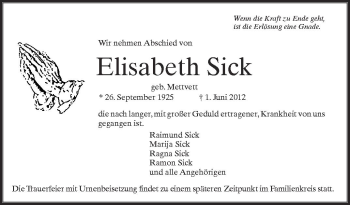 Anzeige von Elisabeth Sick von Schwäbische Zeitung