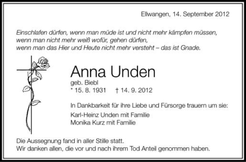  Traueranzeige für Anna Unden vom 19.09.2012 aus Schwäbische Zeitung