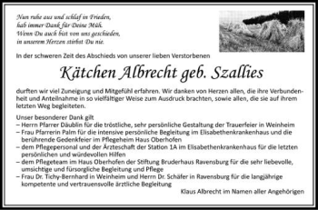 Anzeige von Kätchen Albrecht von Schwäbische Zeitung