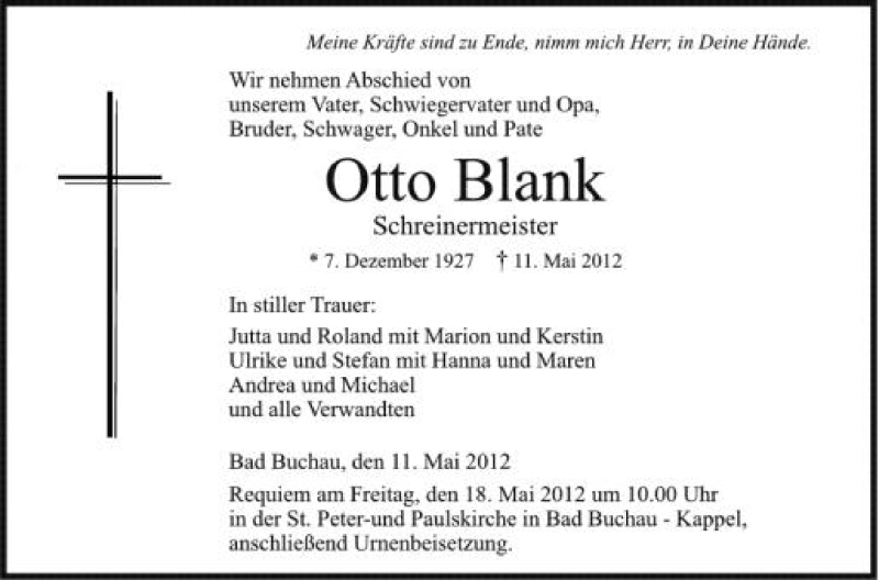  Traueranzeige für Otto Blank vom 15.05.2012 aus Schwäbische Zeitung