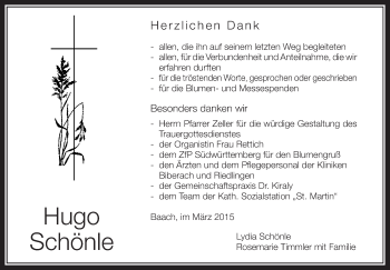 Anzeige von Hugo Schönle von Schwäbische Zeitung