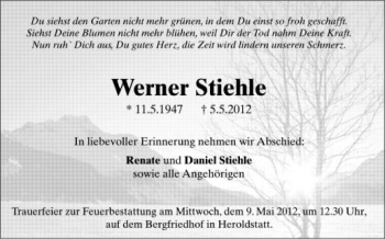 Anzeige von Werner Stiehle von Schwäbische Zeitung