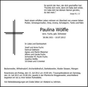 Anzeige von Paulina Wölfle von Schwäbische Zeitung