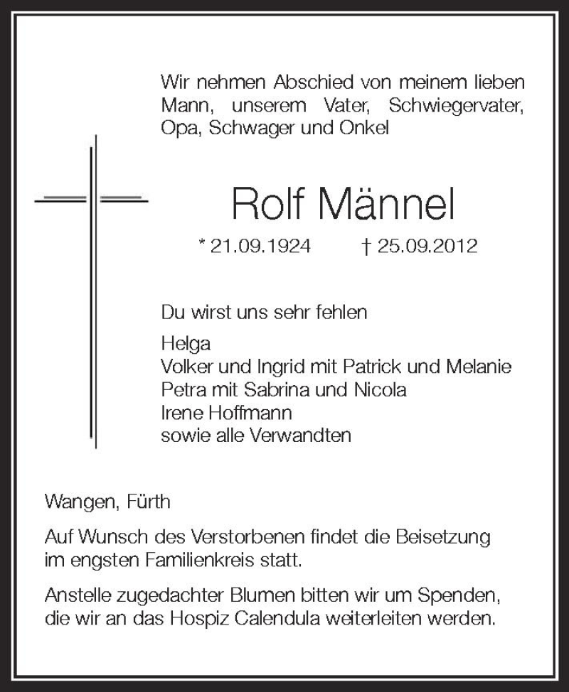  Traueranzeige für Rolf Männel vom 27.09.2012 aus Schwäbische Zeitung