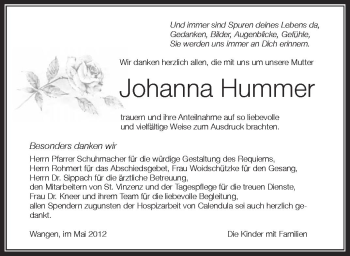 Anzeige von Johanna Hummer von Schwäbische Zeitung