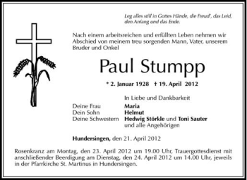 Anzeige von Paul Stumpp von Schwäbische Zeitung