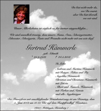 Anzeige von Gertrud Hämmerle von Schwäbische Zeitung