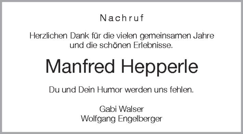 Traueranzeige für Manfred Hepperle vom 11.04.2012 aus Schwäbische Zeitung