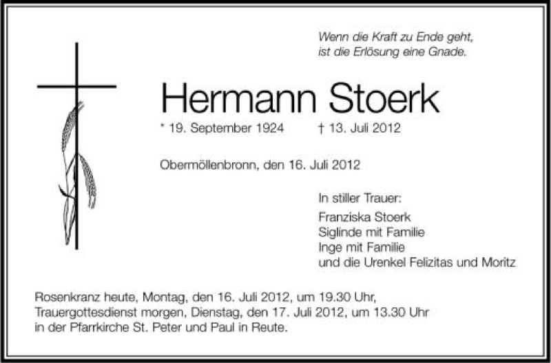  Traueranzeige für Hermann Stoerk vom 16.07.2012 aus Schwäbische Zeitung