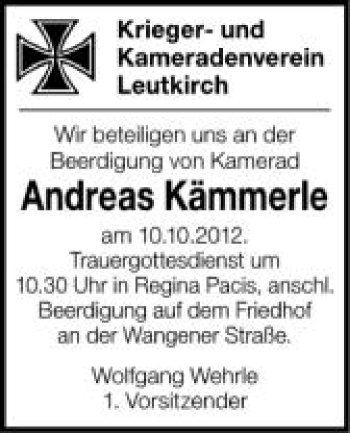 Anzeige von Andreas Kämmerle von Schwäbische Zeitung
