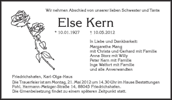 Anzeige von Else Kern von Schwäbische Zeitung
