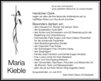 Anzeige von Maria Kieble von Schwäbische Zeitung