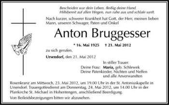 Anzeige von Anton Bruggesser von Schwäbische Zeitung