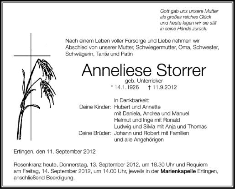  Traueranzeige für Annelise Storrer vom 13.09.2012 aus Schwäbische Zeitung