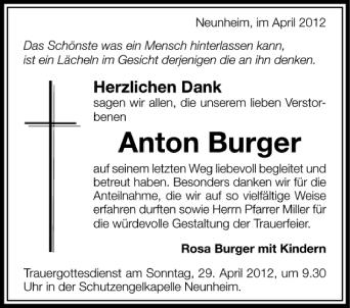 Anzeige von Anton Burger von Schwäbische Zeitung
