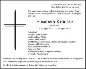 Anzeige von Elisbaeth Kränkle von Schwäbische Zeitung