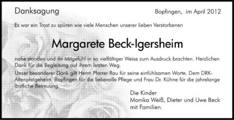  Traueranzeige für Margarete Beck-Igersheim vom 28.04.2012 aus Schwäbische Zeitung